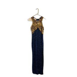 Vtg Laurence Kazar Halter Beaded embellished silk formal gown dress blue gold L